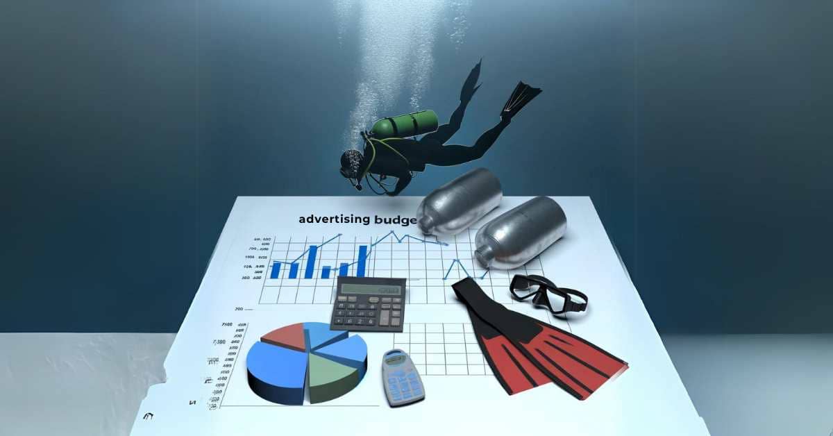 Optimizing advertising budget in diving industry with financial charts and diving gear underwater