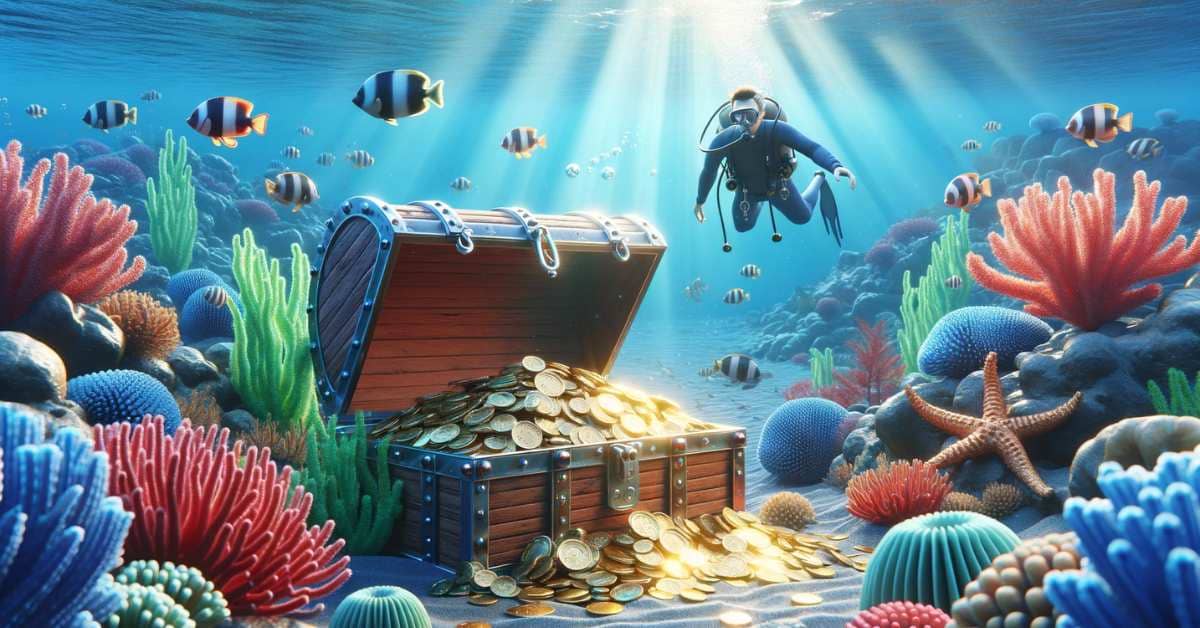 Diver discovers treasure chest symbolizing ROI in diving marketing