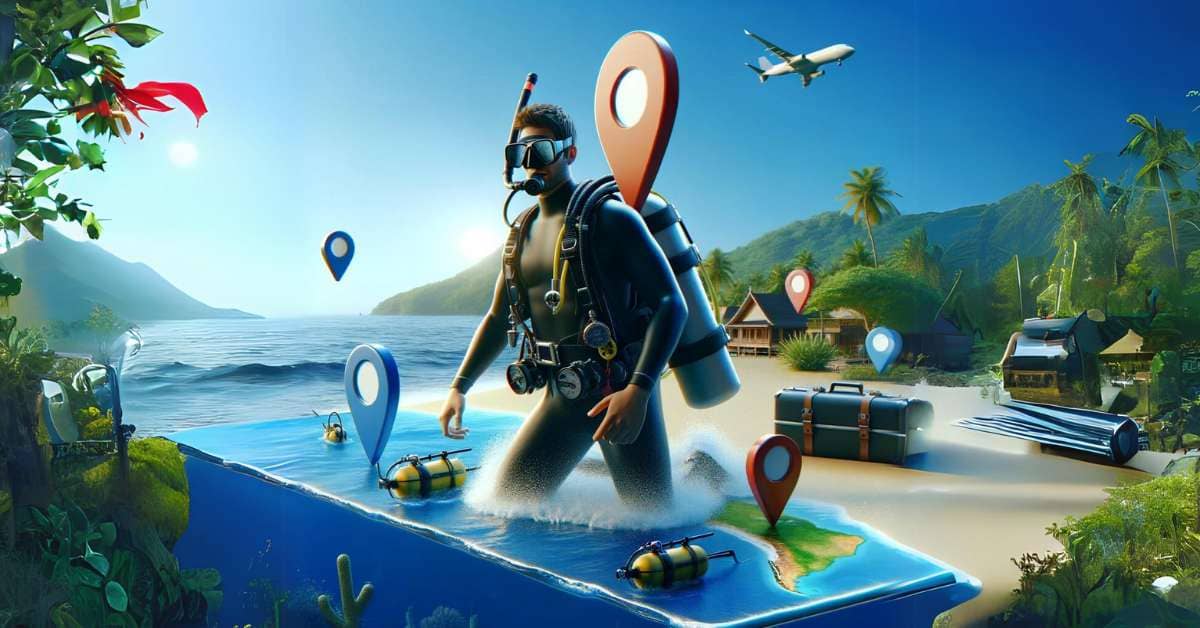 3D realistic image of a diver with professional diving equipment in a seascape representing local targeting in the diving industry