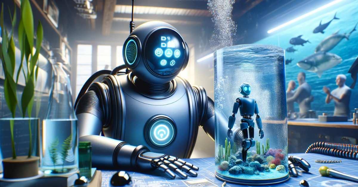 Futuristic depiction of chatbots boosting sales in the diving industry with advanced technology