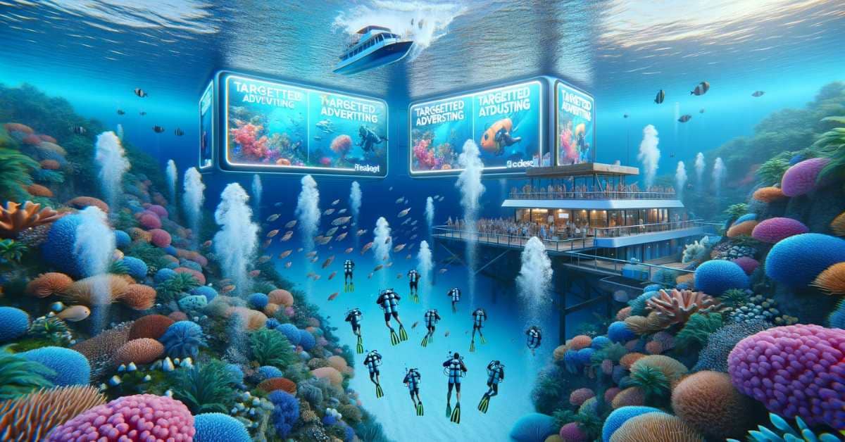 Underwater scene with divers and a diving center showcasing successful targeted ads