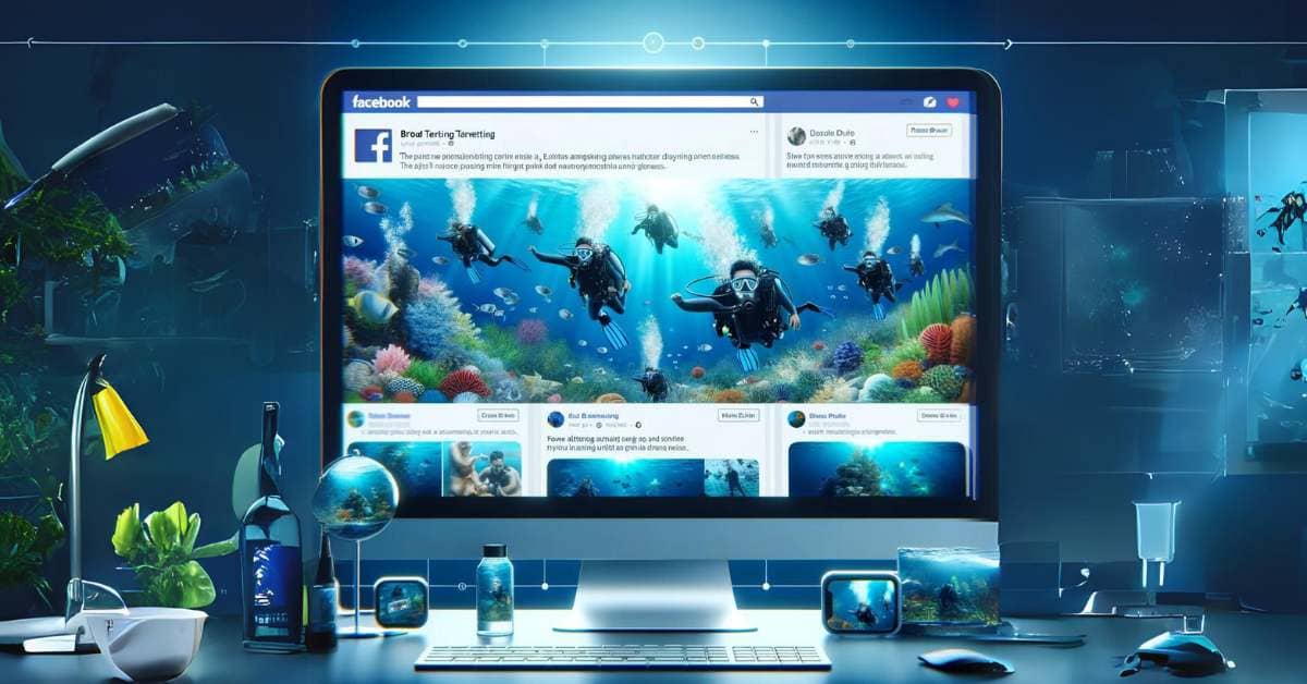 Визуализация рекламы в Facebook для дайвинг бизнеса с подводными сценами и оборудованием