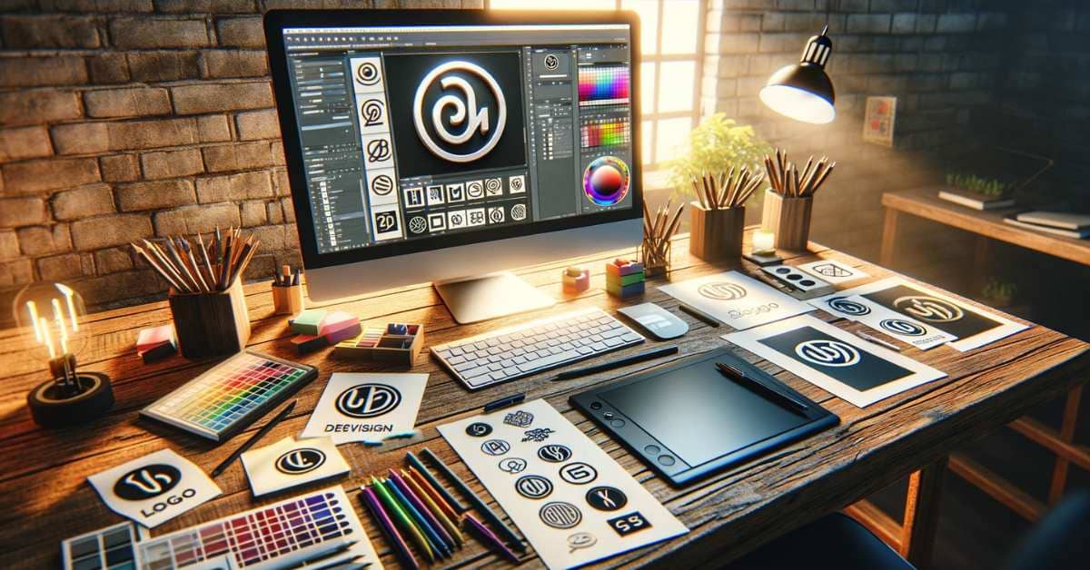 3D rendered image of a designers workspace with logo sketches design software on a computer and drawing tools