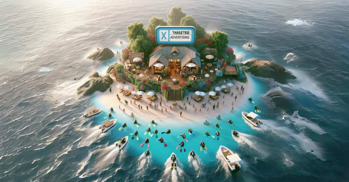 Bustling small diving center on a beach symbolizing success through targeted advertising