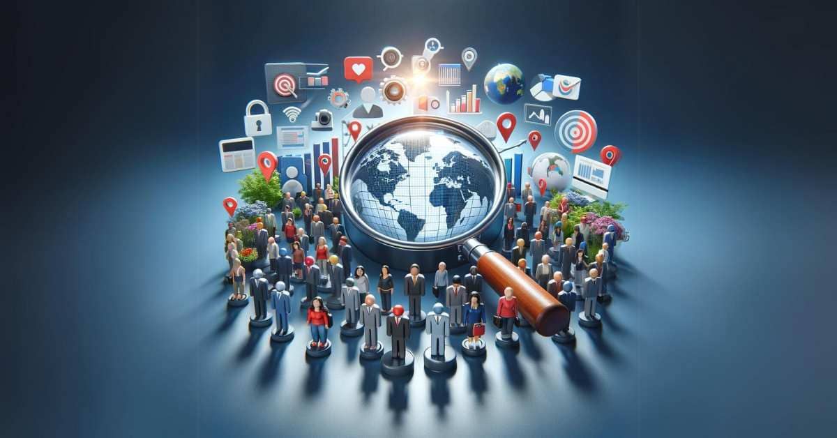 A 3D rendered image showcasing a magnifying glass focusing on diverse people surrounded by digital marketing elements