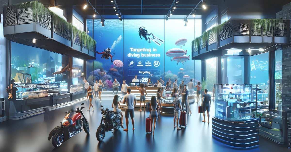 3D rendered scene showcasing the importance of targeting in diving business with diverse customers and modern equipment