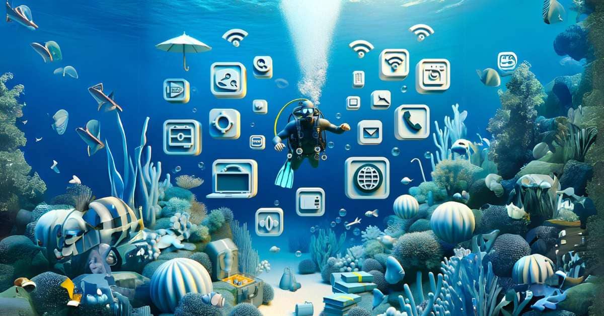 Photorealistic 3D image showcasing top diving ad platforms with underwater scenery
