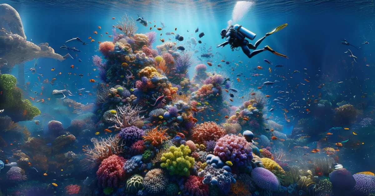Diver exploring vibrant coral reef among diverse marine life in a serene underwater scene
