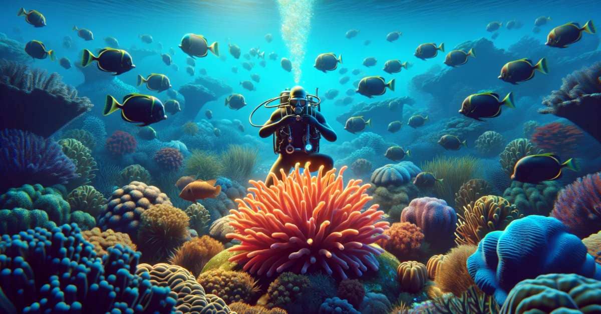 Underwater scene highlighting unique brand positioning with vibrant coral and distinctive diver gear